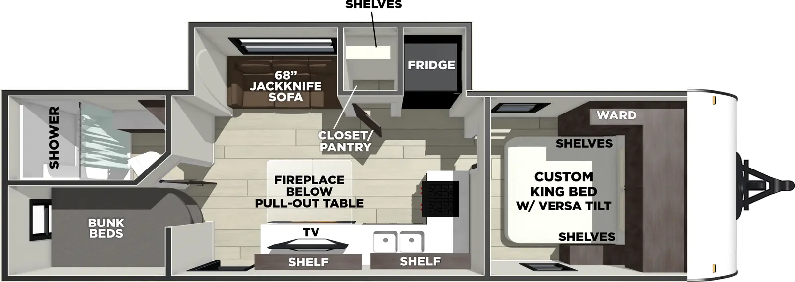 The Salem 260ICE floorplan has one entry and one slide out. Exterior features include: metal or fiberglass exterior. Interiors features include: bunk beds and front bedroom.